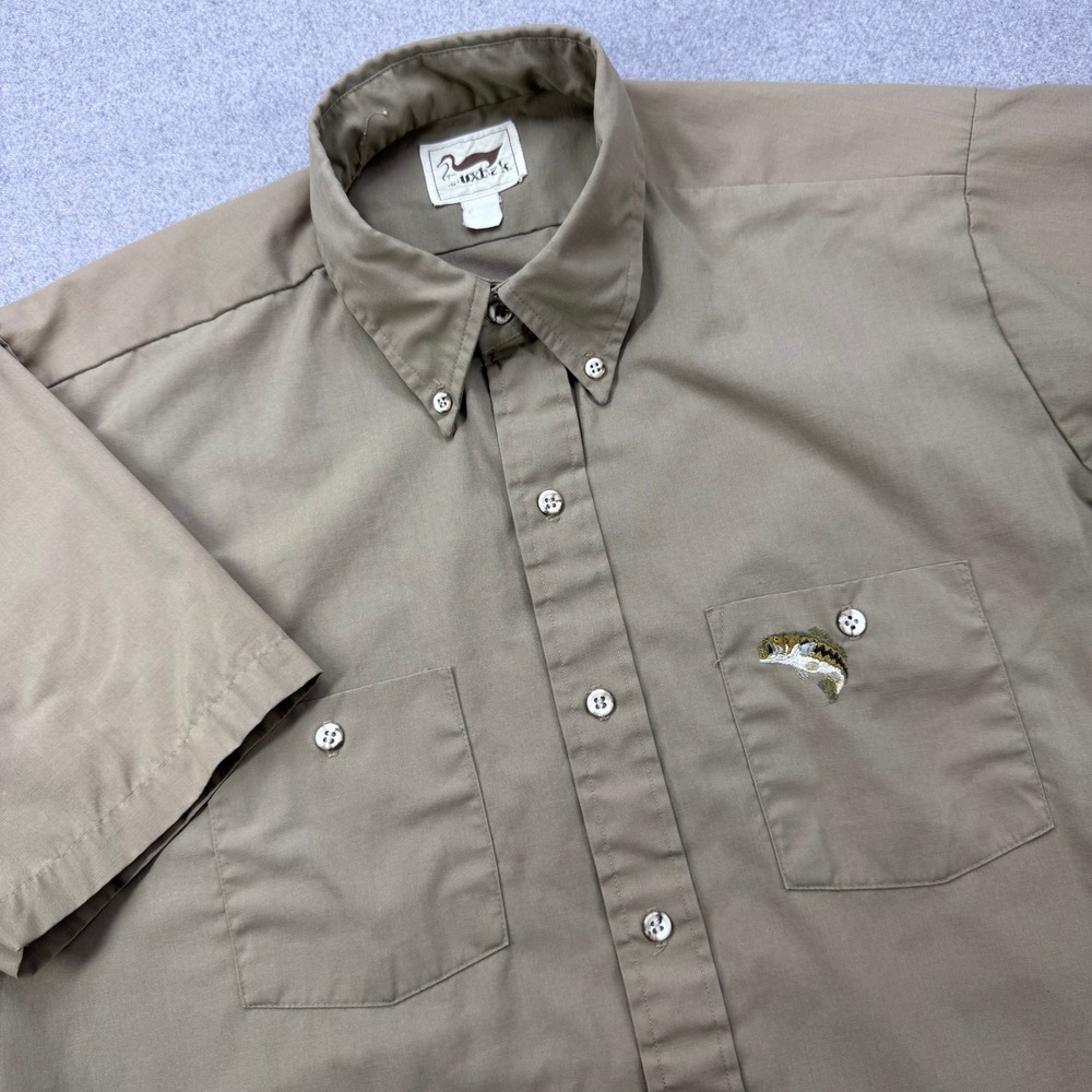 Vintage Duxback Shirt Mens XL‎ Khaki Short Sleeve Embroidered Largemouth Bass